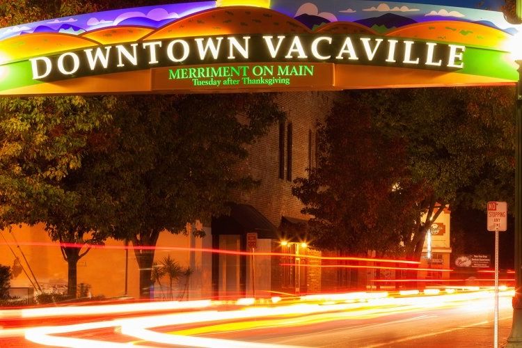 Downtown Vacaville sign at night