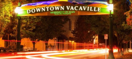 Downtown Vacaville sign at night